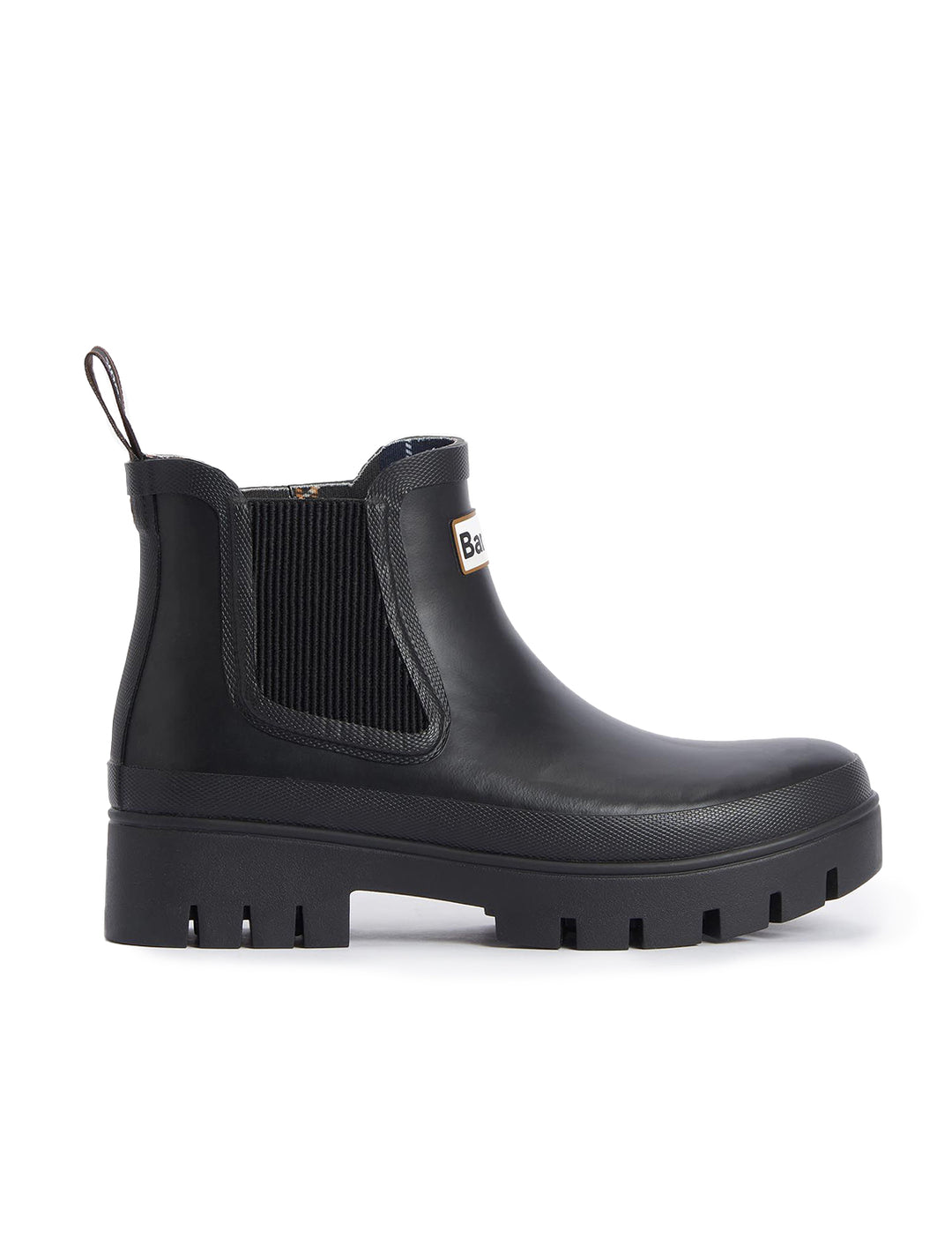 Side view of Barbour's halton chelsea welly boot in black.