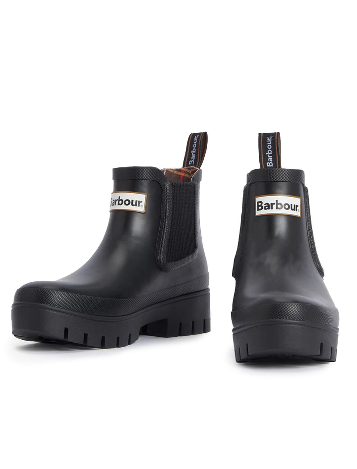 Alternative side view of Barbour's halton chelsea welly boot in black.