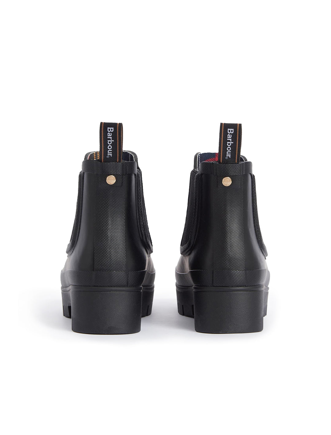 Back view of Barbour's halton chelsea welly boot in black.