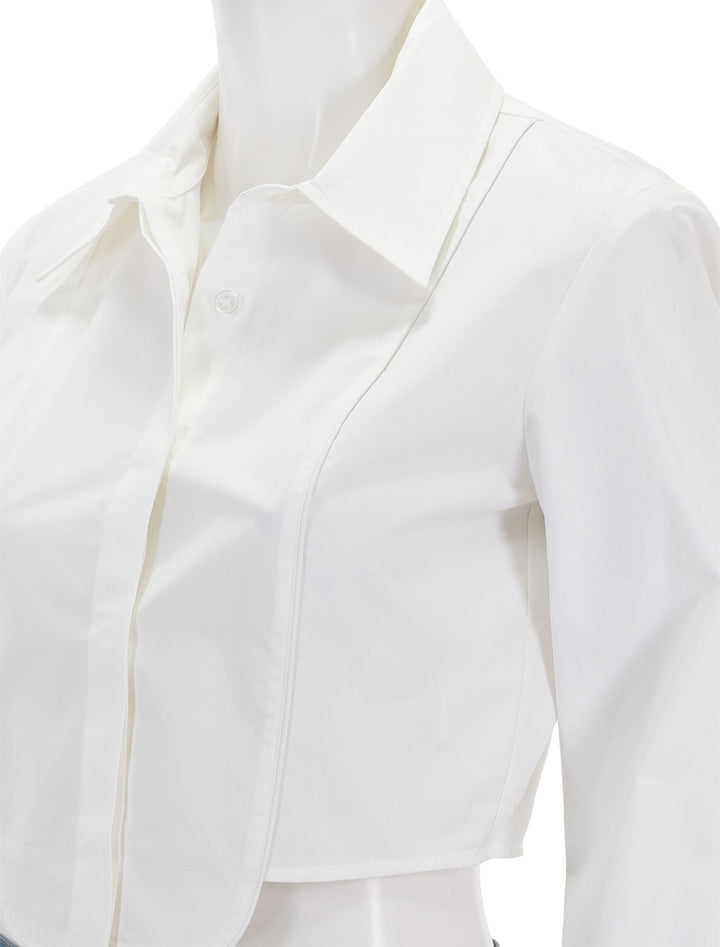 Close-up view of Saint Art's joyce tuxedo shirt in white.