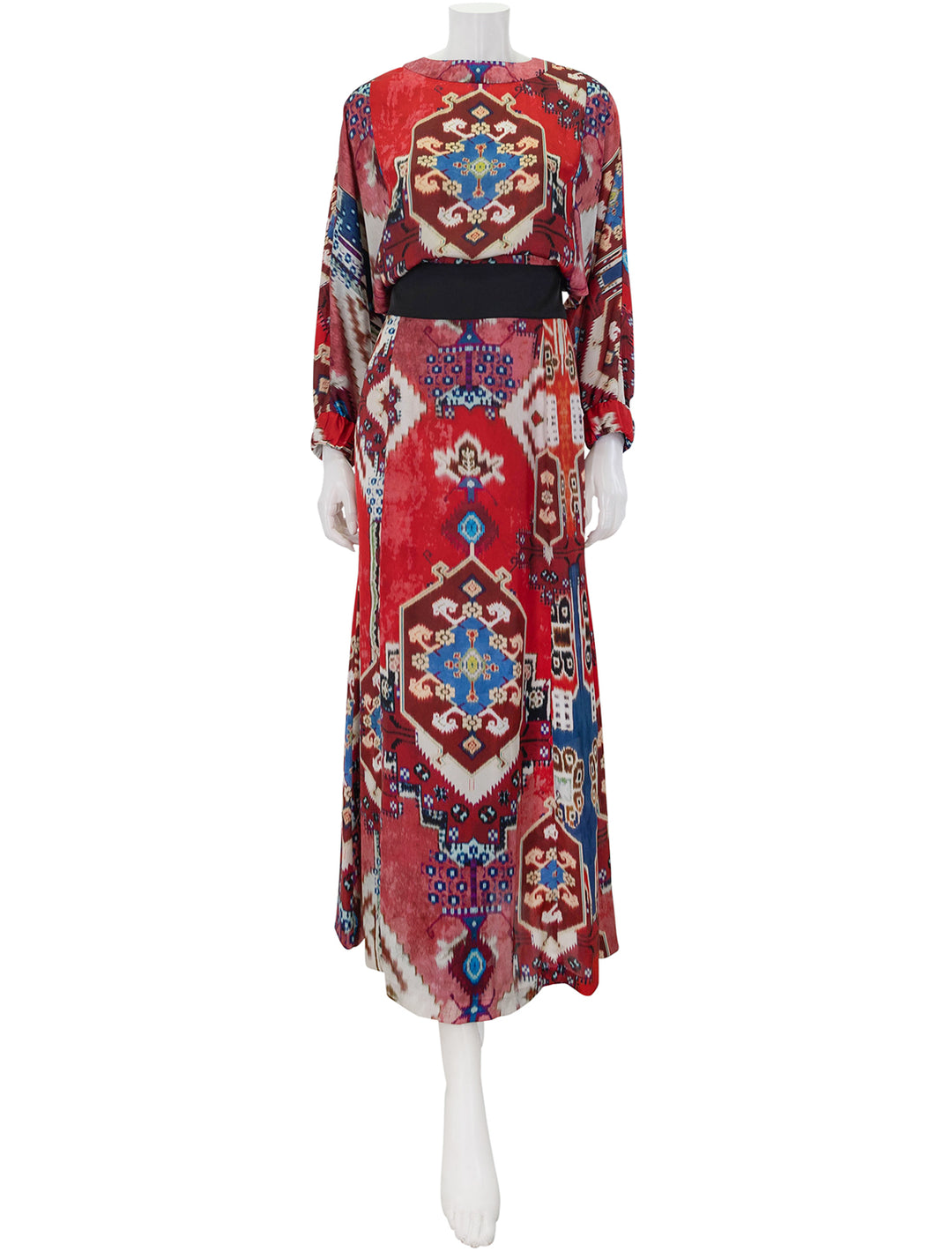 Front view of Smythe's crimson persian midi dress.