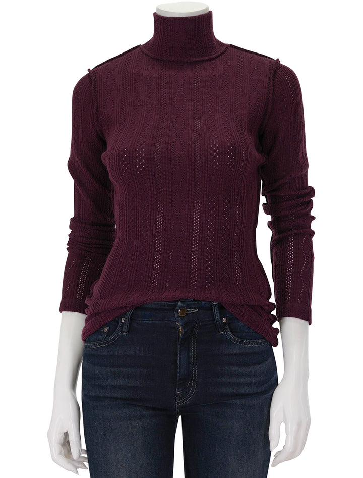 Front view of Smythe's pointelle turtleneck in plum.