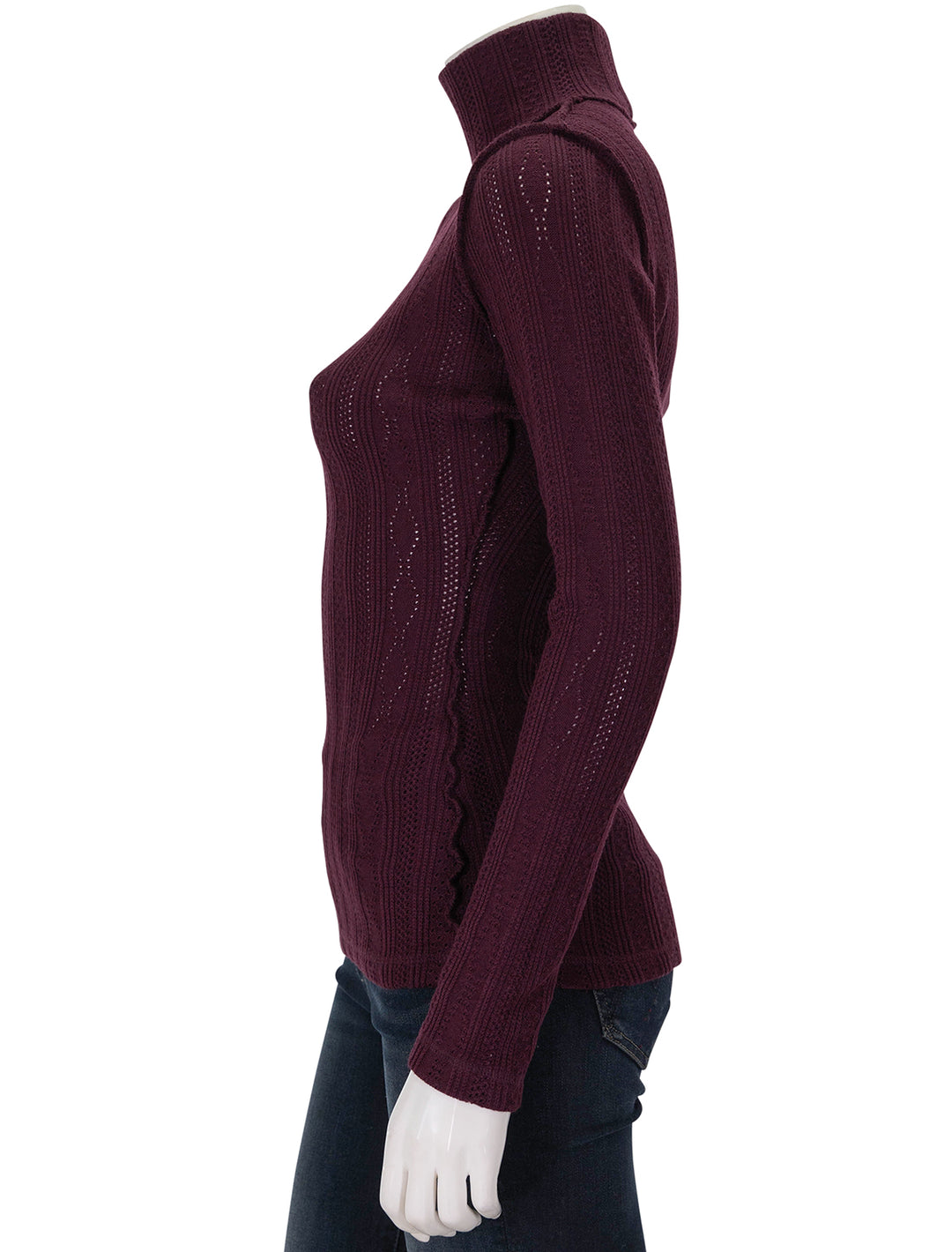 Side view of Smythe's pointelle turtleneck in plum.