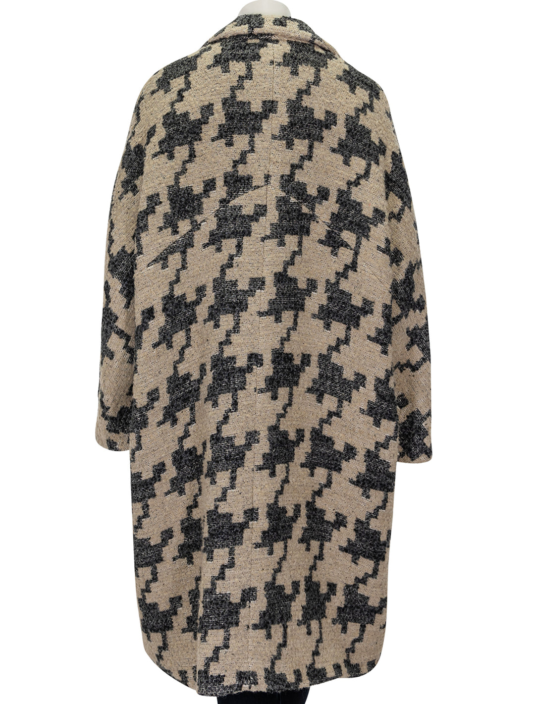 back image of oversized swing coat in oatmeal houndstooth