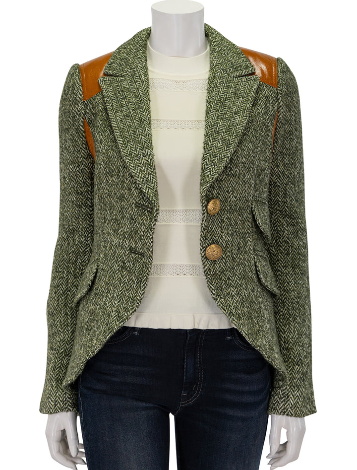 front view of rifle patch equestrian blazer in moss herringbone