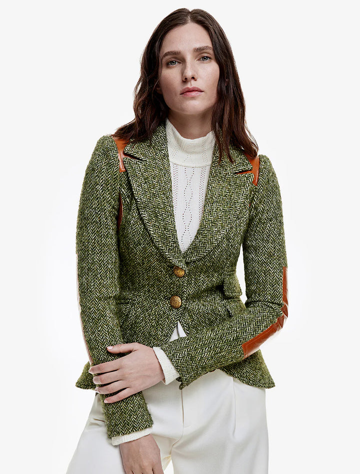 model wearing rifle patch equestrian blazer in moss herringbone