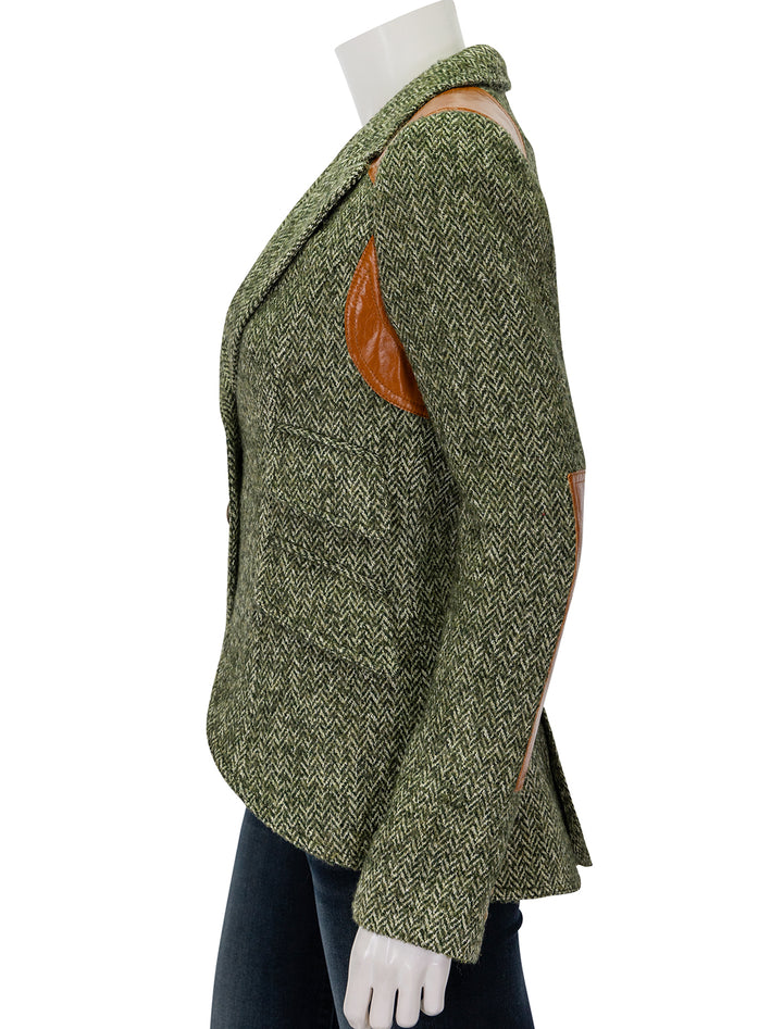 side view of rifle patch equestrian blazer in moss herringbone