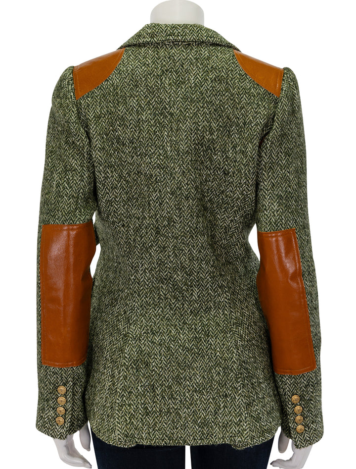 back view of rifle patch equestrian blazer in moss herringbone