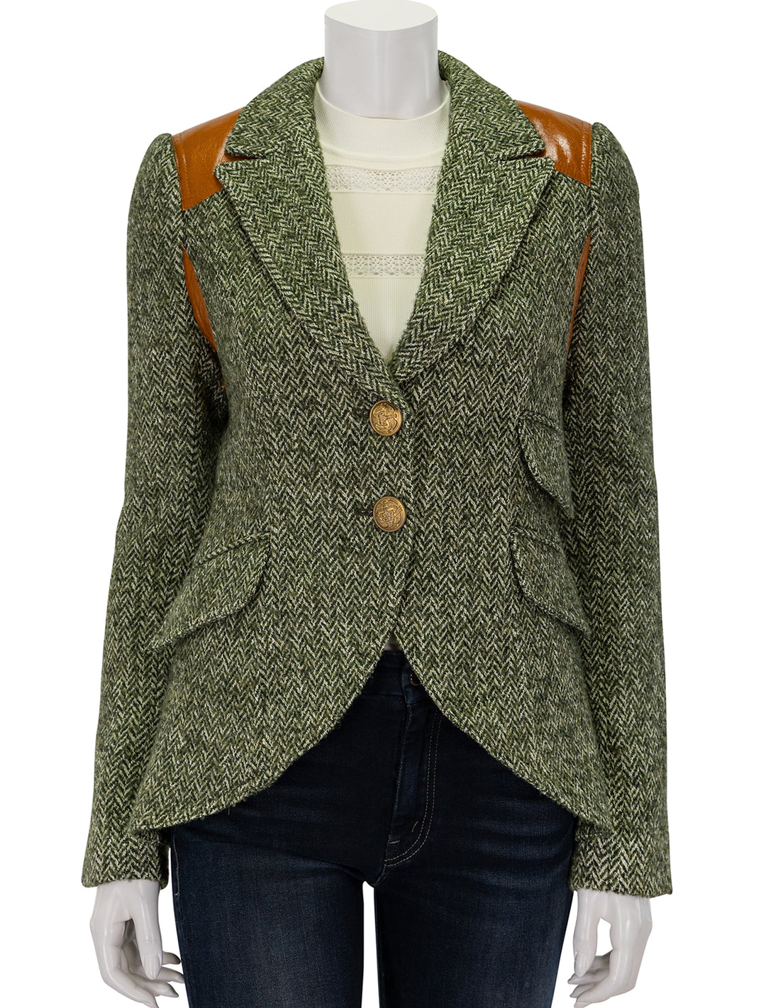 rifle patch equestrian blazer in moss herringbone