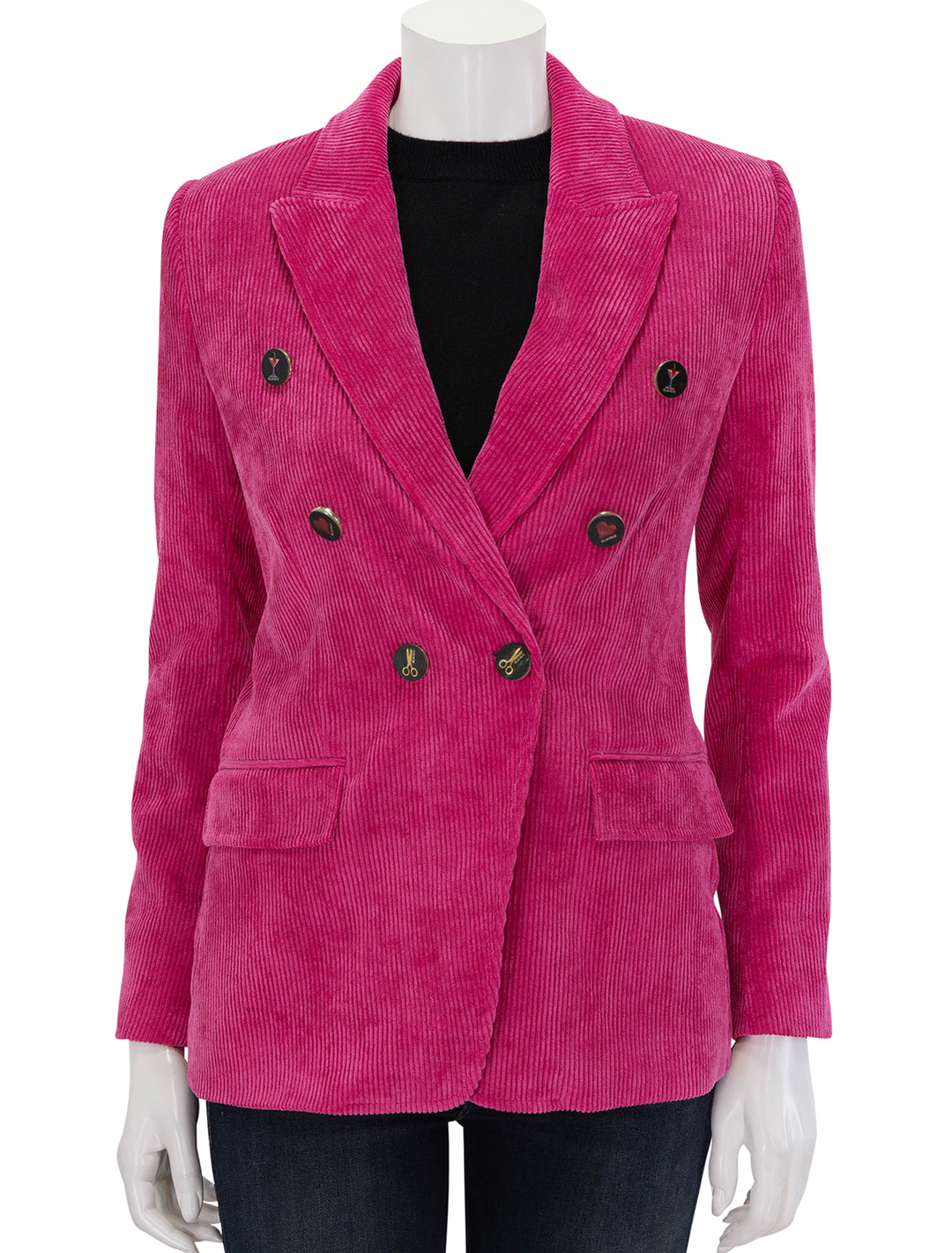 Front view of Vilagallo's ingrid pink corduroy blazer, buttoned.