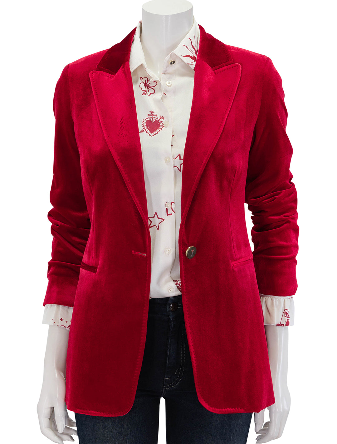 Front view of Vilagallo's sophia red velvet blazer, unbuttoned.