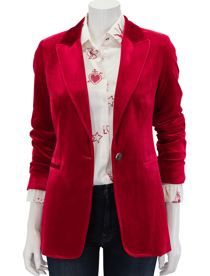 Front view of Vilagallo's sophia red velvet blazer, unbuttoned.