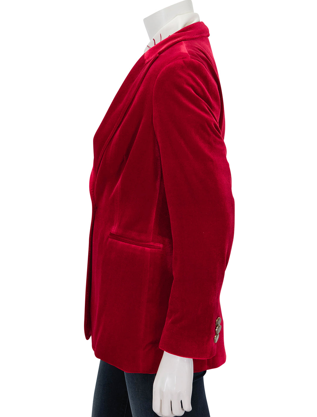 Side view of Vilagallo's sophia red velvet blazer.