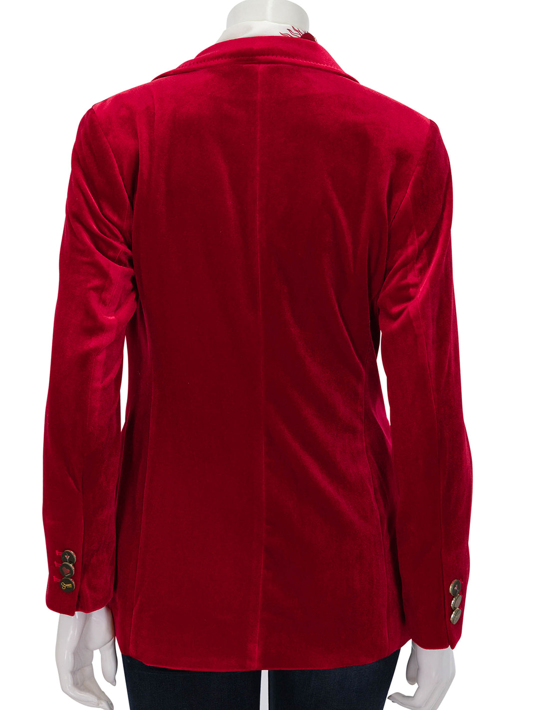 Back view of Vilagallo's sophia red velvet blazer.