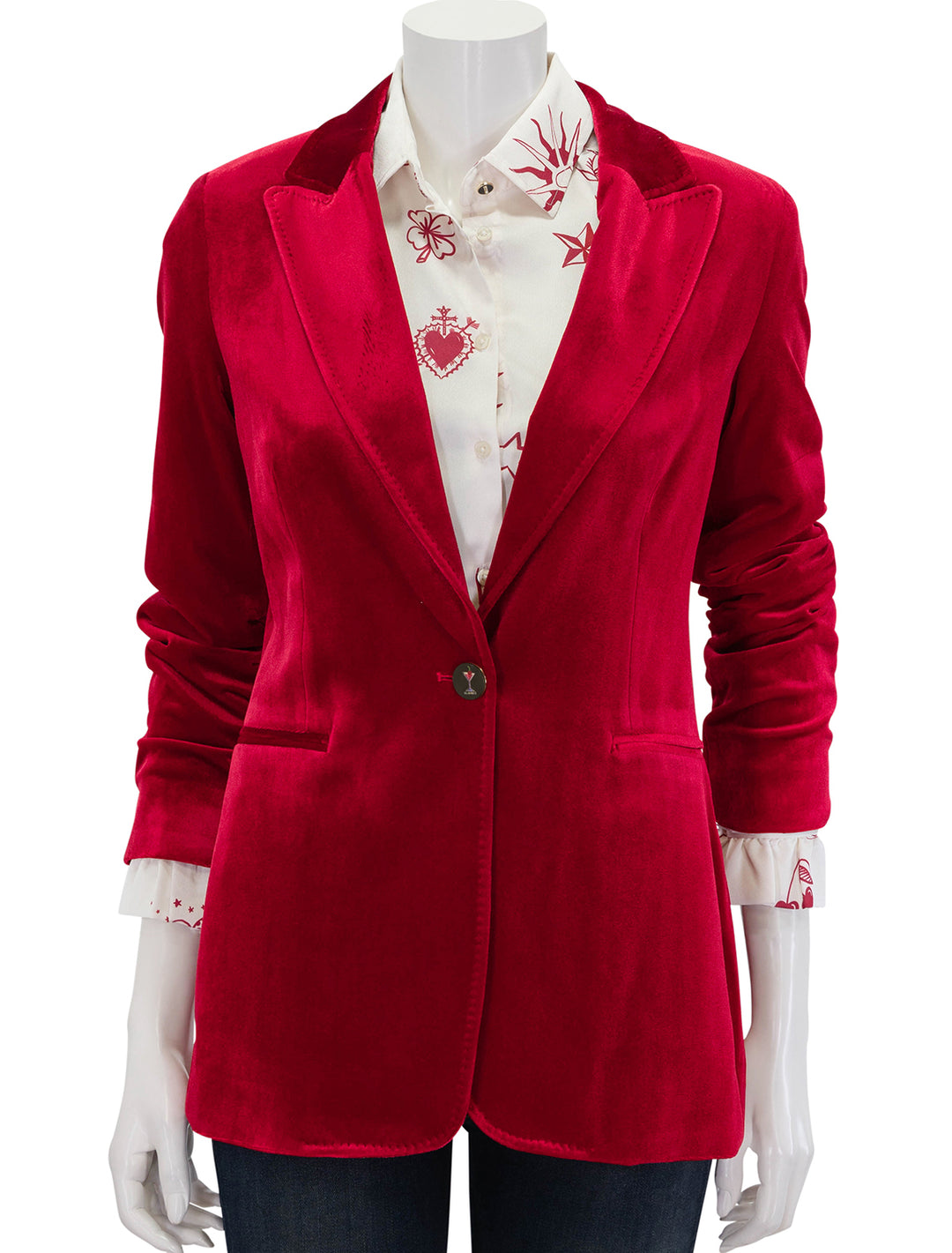 Front view of Vilagallo's sophia red velvet blazer, buttoned.