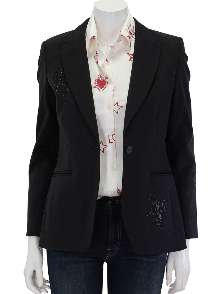 Front view of Vilagallo's Heather Black Crystal Blazer, unbuttoned.