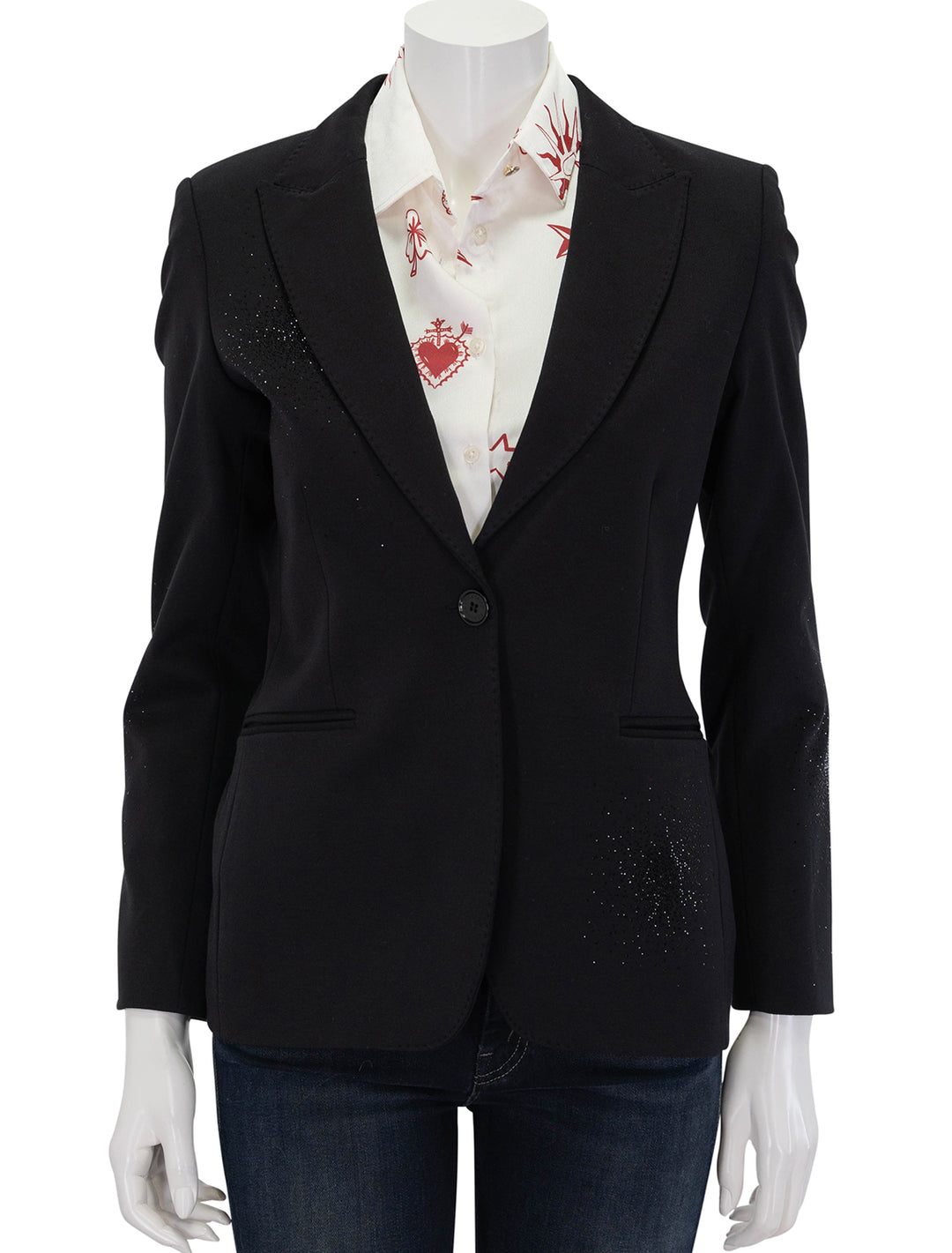 Front view of Vilagallo's Heather Black Crystal Blazer, buttoned.