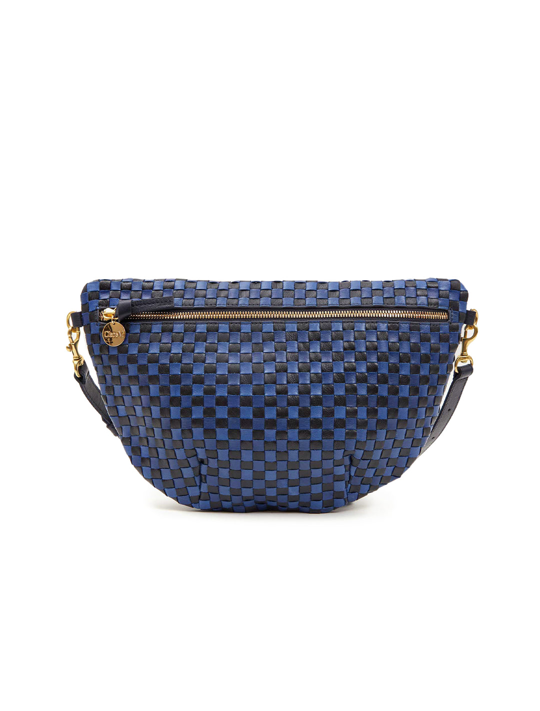 Front view of Clare V.'s grande fanny in dark blue woven checker.