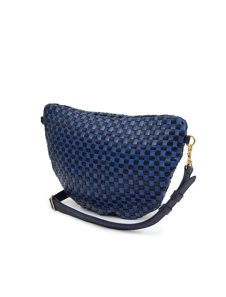 Back angle view of Clare V.'s grande fanny in dark blue woven checker.