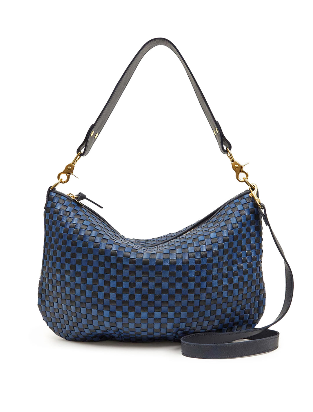 Front view of Clare V.'s moyen messenger in dark blue woven.