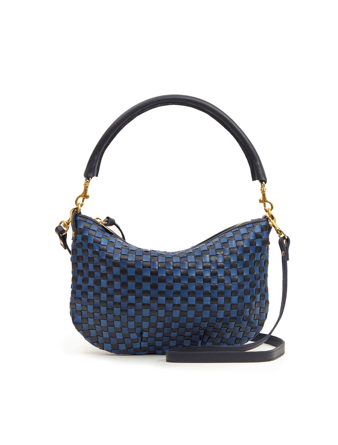 Front view of Clare V.'s petite moyen messenger in dark blue woven.