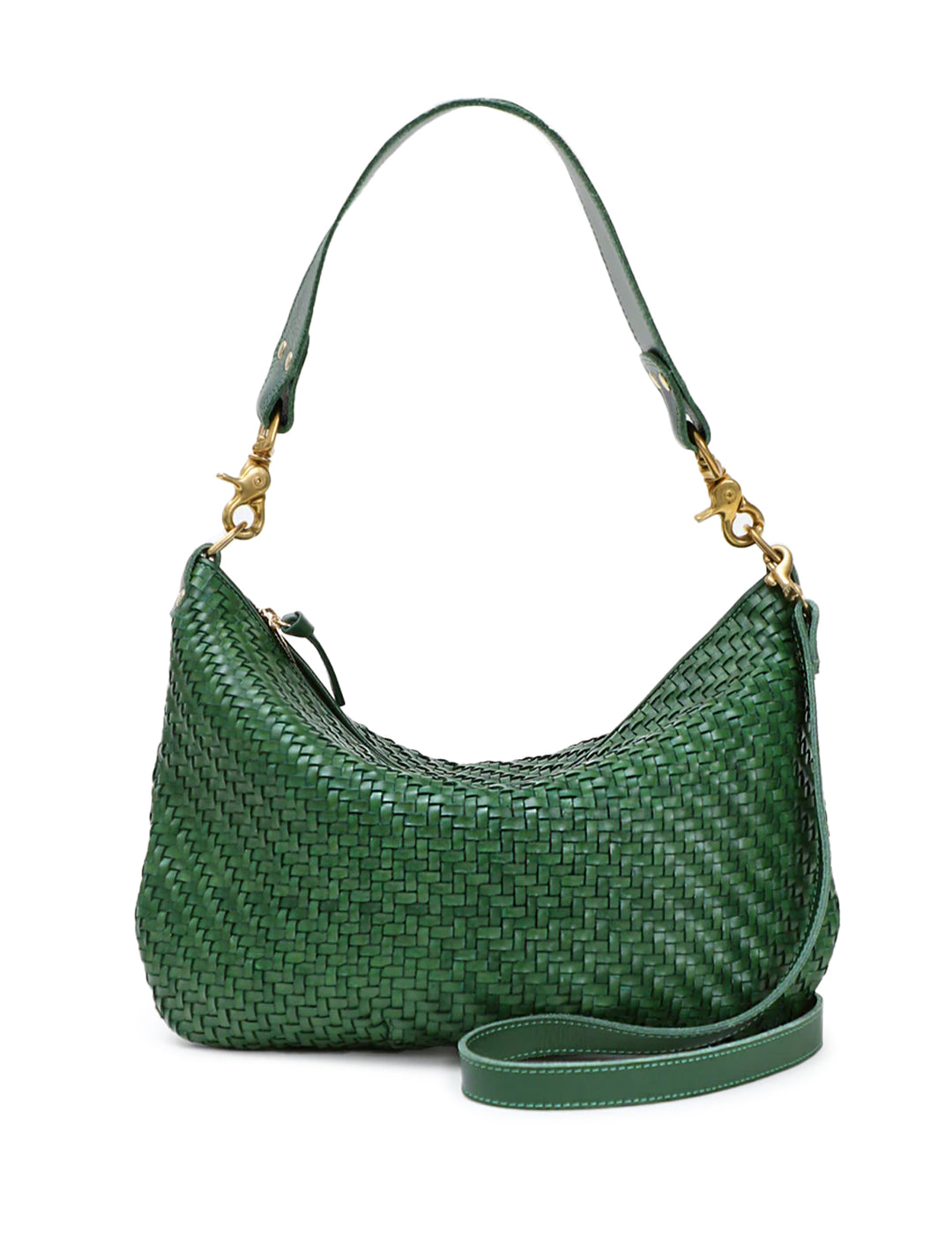 Front view of Clare V.'s moyen messenger in evergreen woven zig zag.