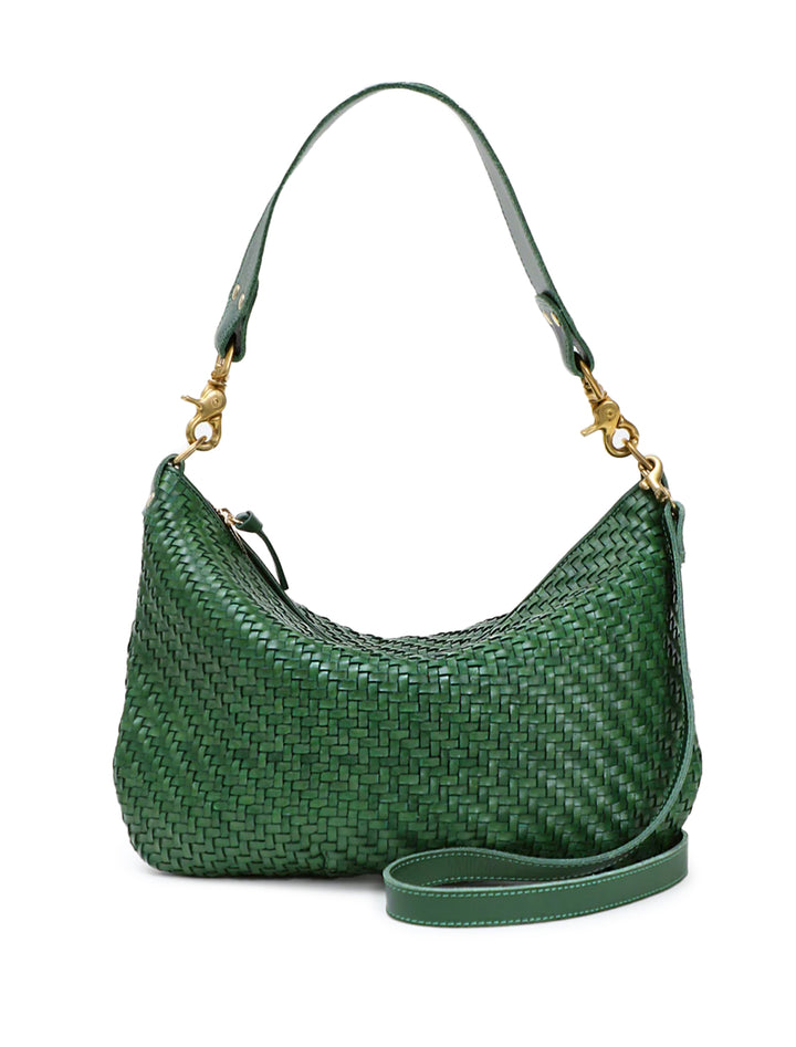 Front view of Clare V.'s moyen messenger in evergreen woven zig zag.