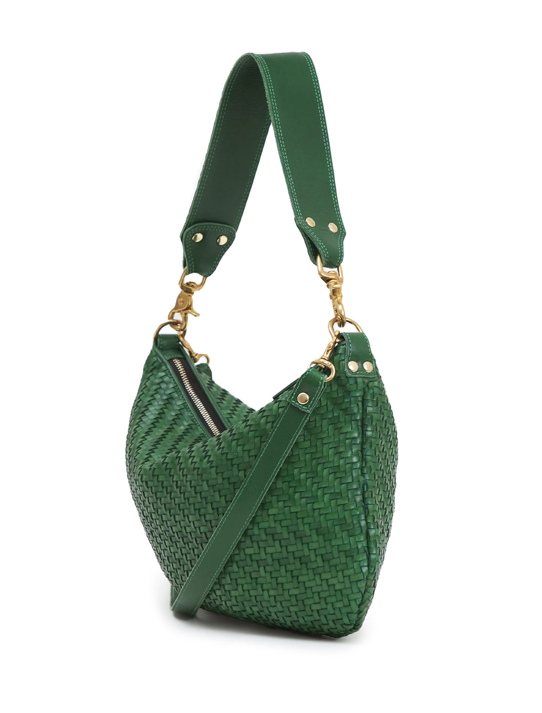 Back angle view of Clare V.'s moyen messenger in evergreen woven zig zag.