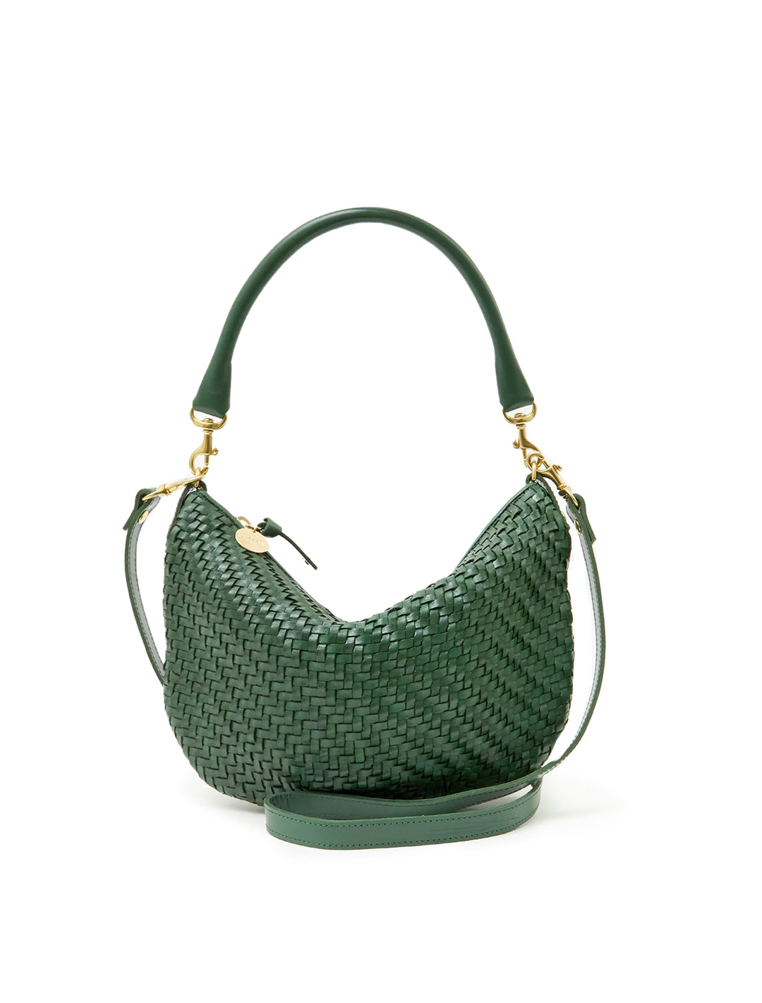 Front view of Clare V.'s petite moyen messenger in evergreen woven zig zag.