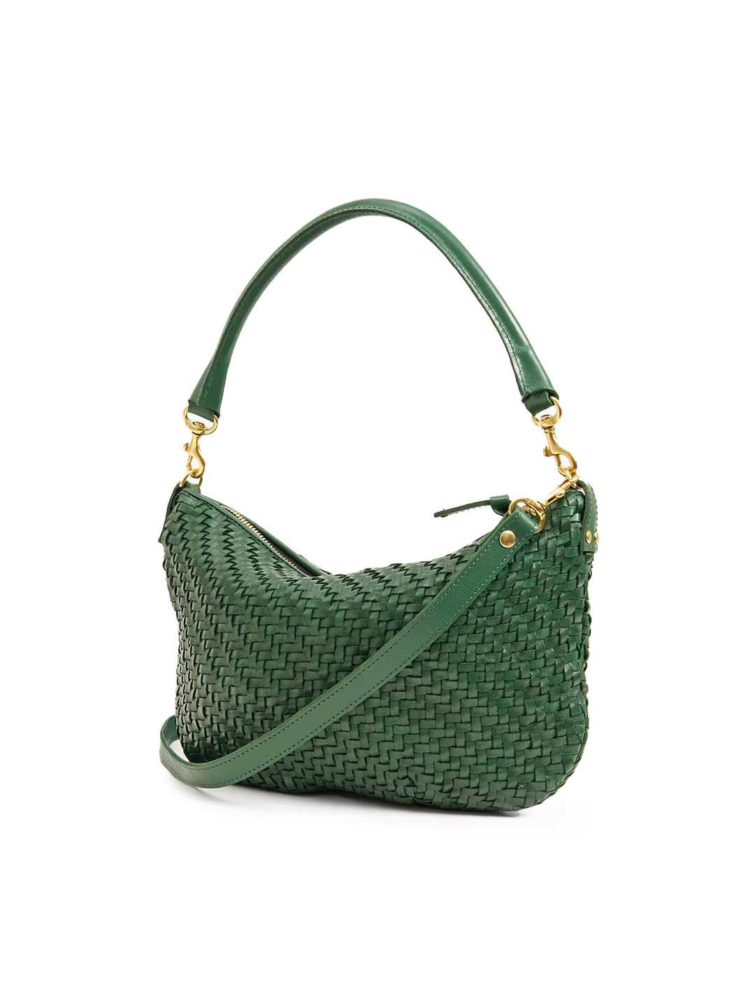 Back angle view of Clare V.'s petite moyen messenger in evergreen woven zig zag.