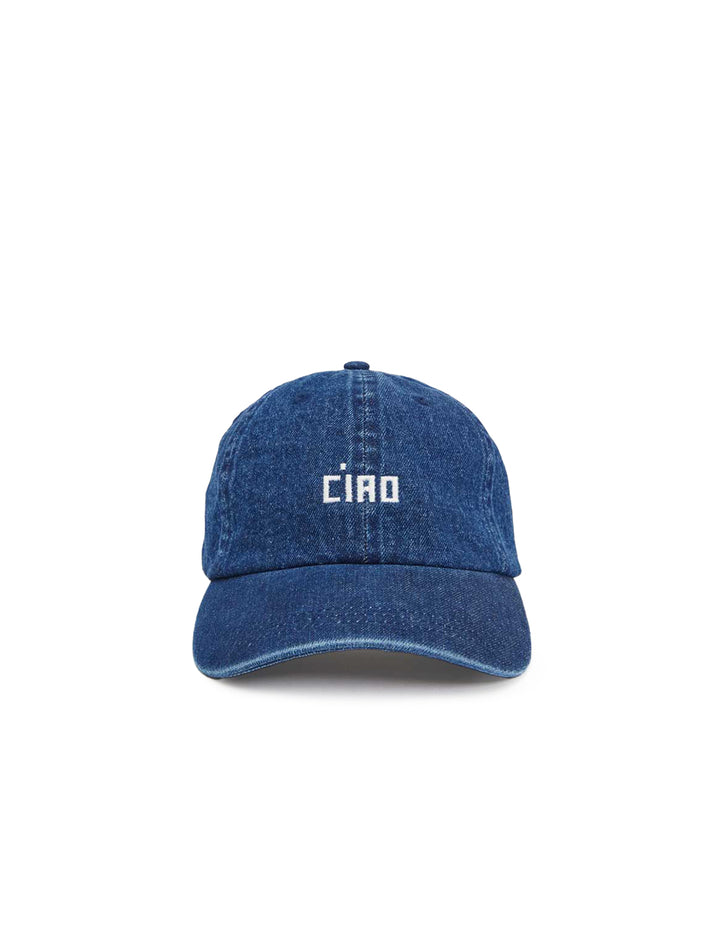 Front view of Clare V.'s denim ciao baseball hat.