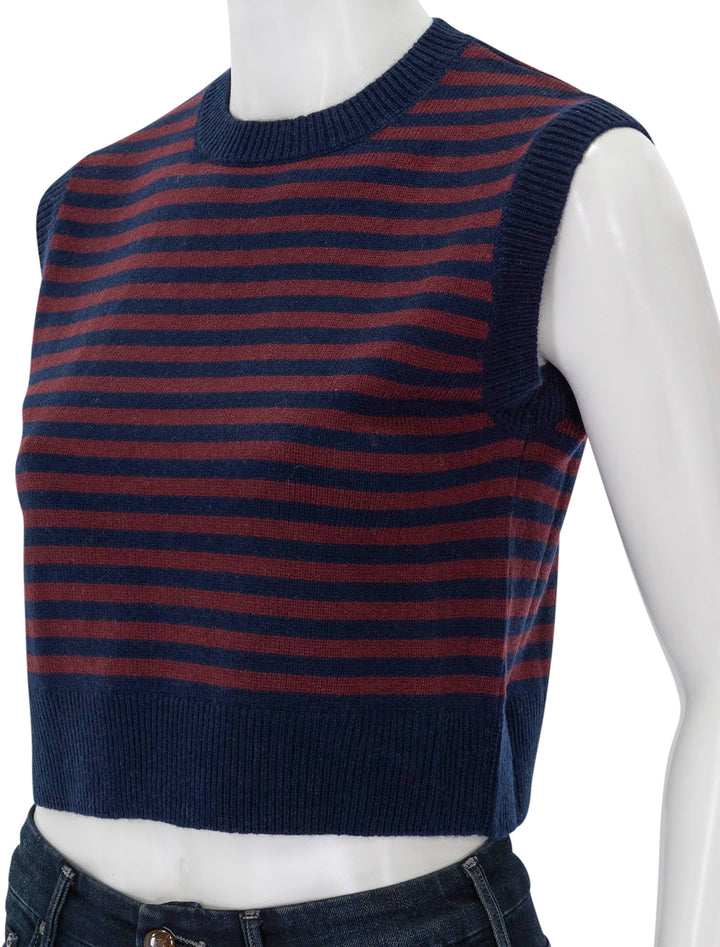 Close-up view of KULE's the sam vest in navy and merlot.