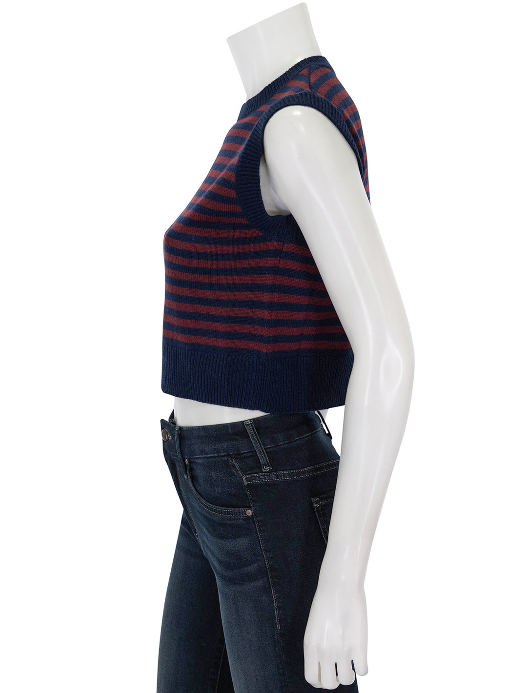 Side view of KULE's the sam vest in navy and merlot.