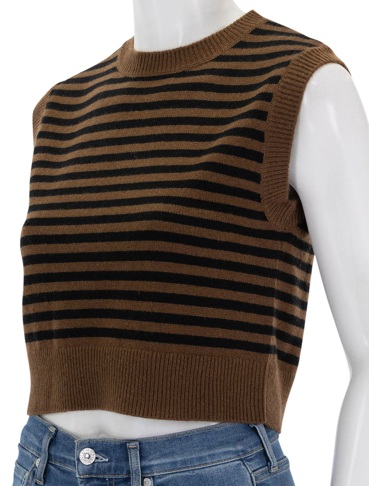 Close-up view of Kule's the sam vest in vicuna and black stripe.