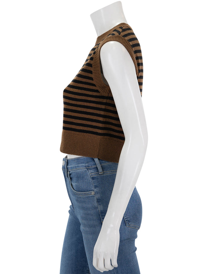 Side view of Kule's the sam vest in vicuna and black stripe.