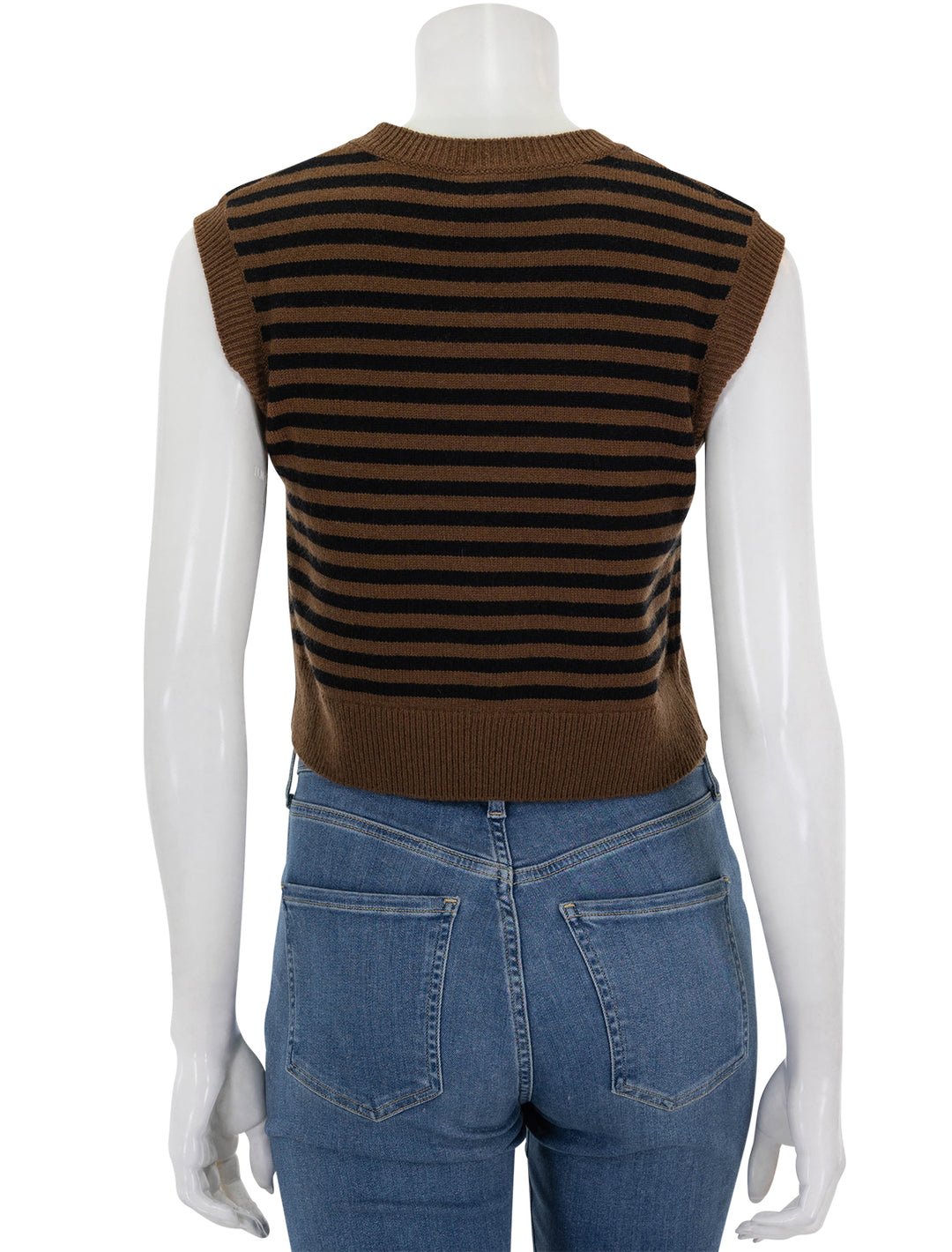 Back view of Kule's the sam vest in vicuna and black stripe.