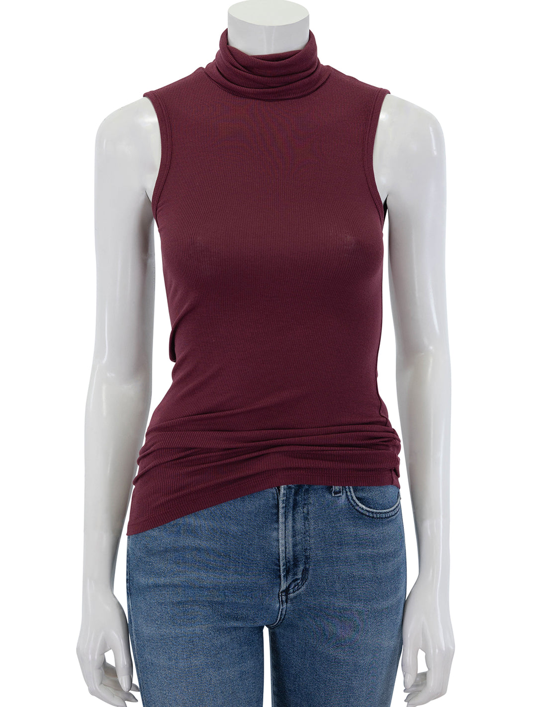 Front view of ATM's modal sleeveless turtleneck in merlot.