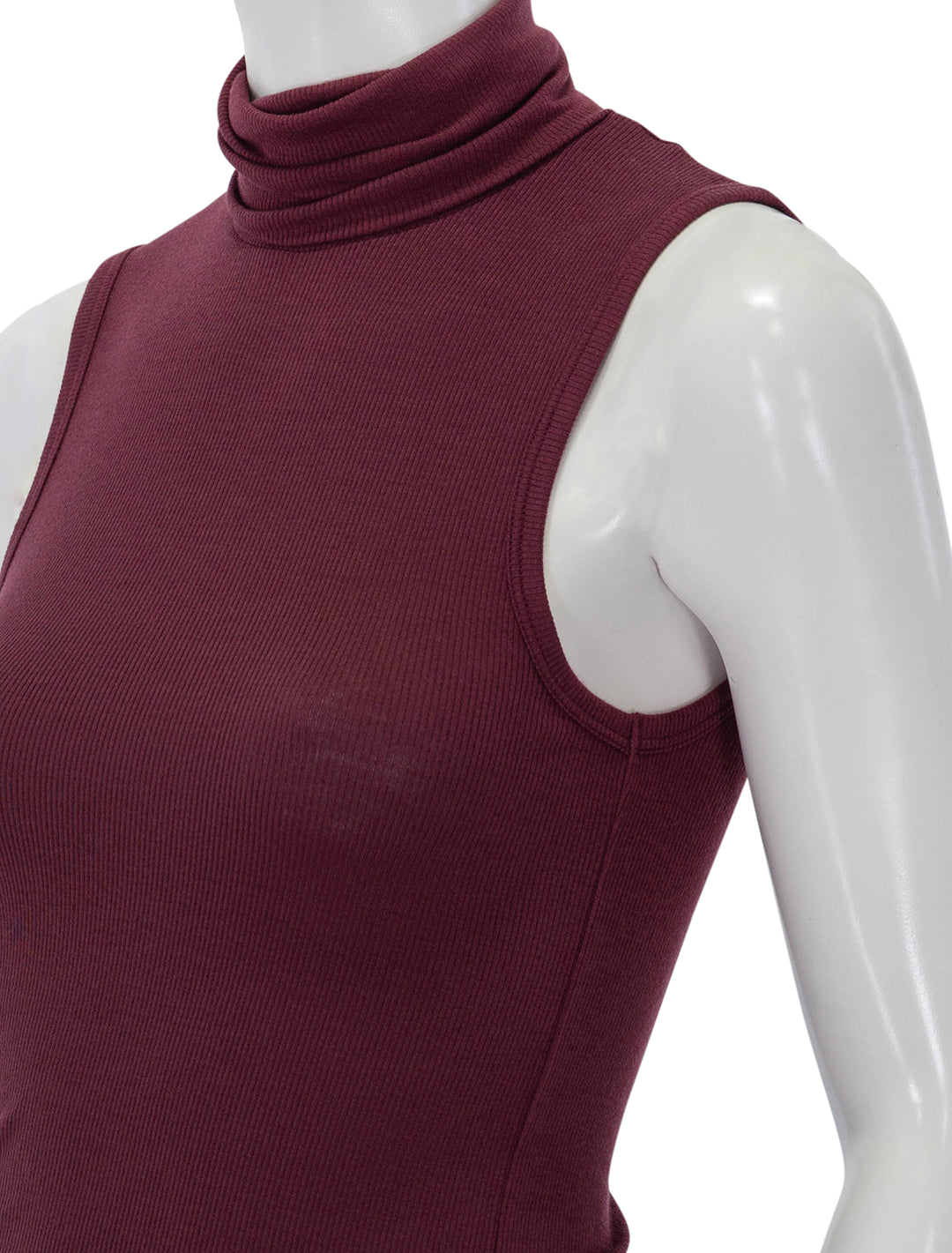 Close-up view of ATM's modal sleeveless turtleneck in merlot.