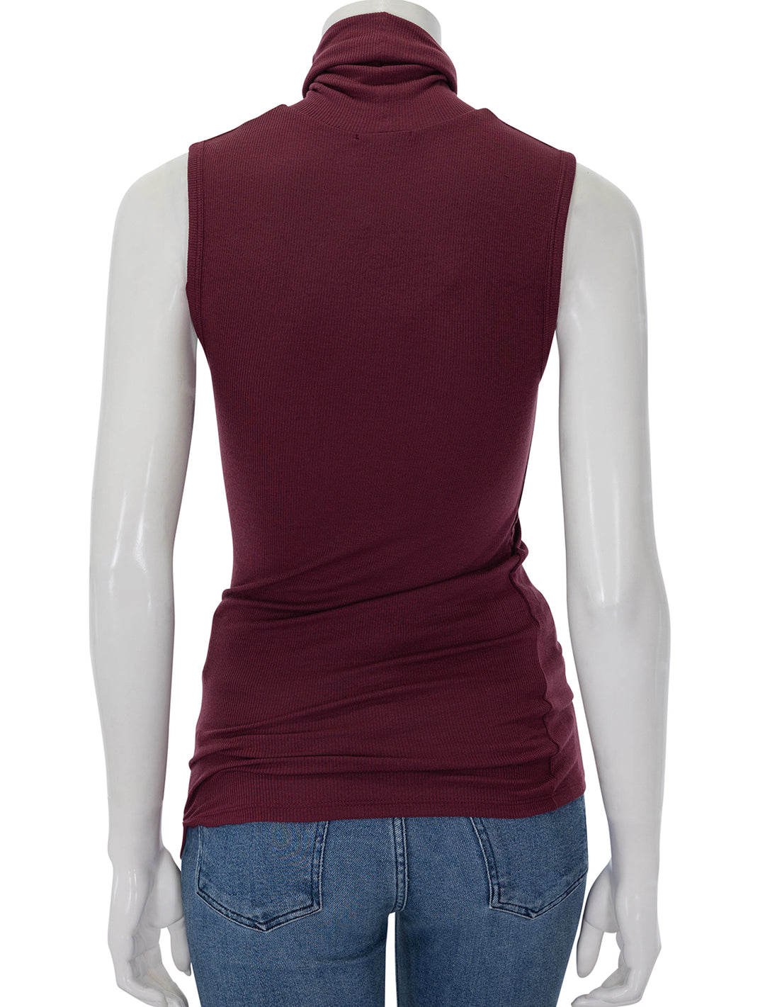 Back view of ATM's modal sleeveless turtleneck in merlot.