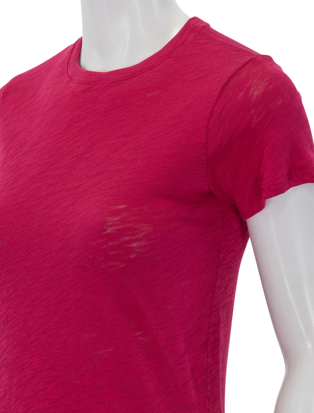 Close-up view of ATM's slub jersey schoolboy tee in rubellite.