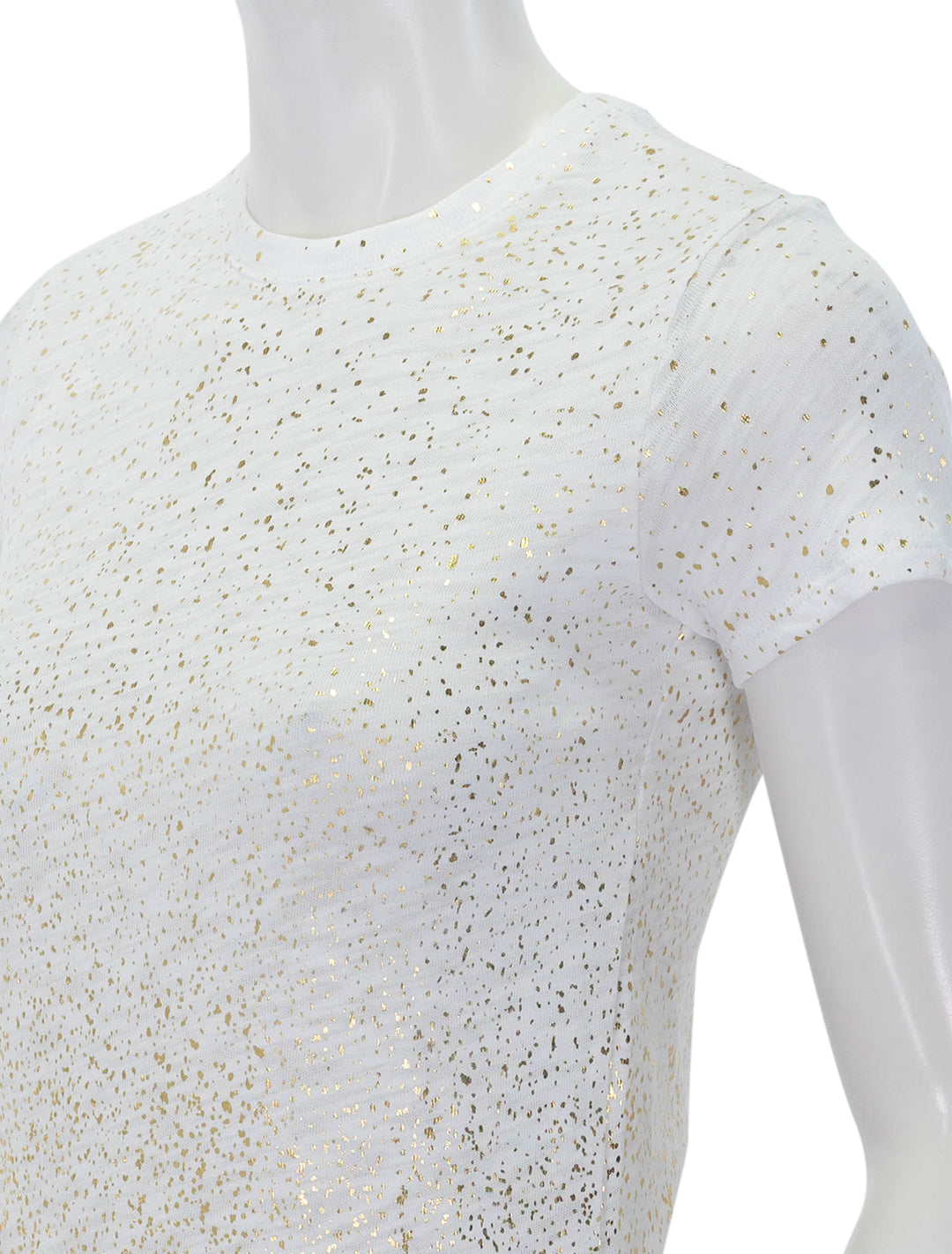 Close-up view of ATM's slub jersey schoolboy tee in white with gold foil.