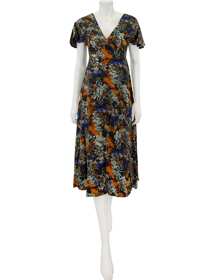 Front view of Derek Lam 10 Crosby's cecile flutter sleeve dress in copper multi print.