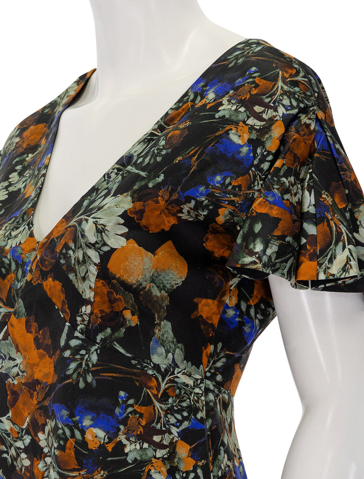 Close-up view of Derek Lam 10 Crosby's cecile flutter sleeve dress in copper multi print.