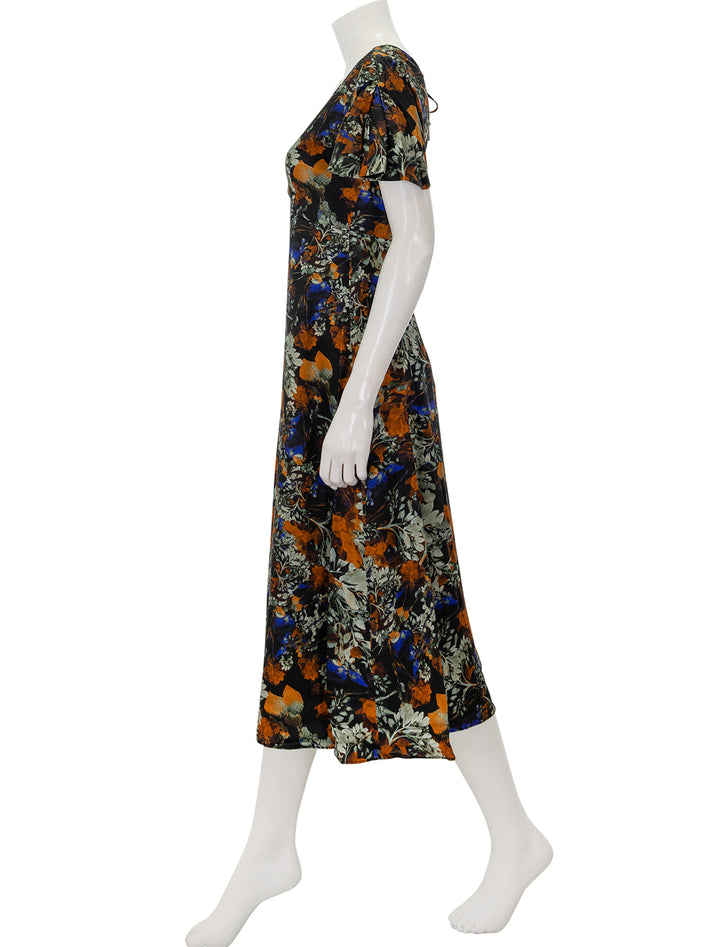 Side view of Derek Lam 10 Crosby's cecile flutter sleeve dress in copper multi print.