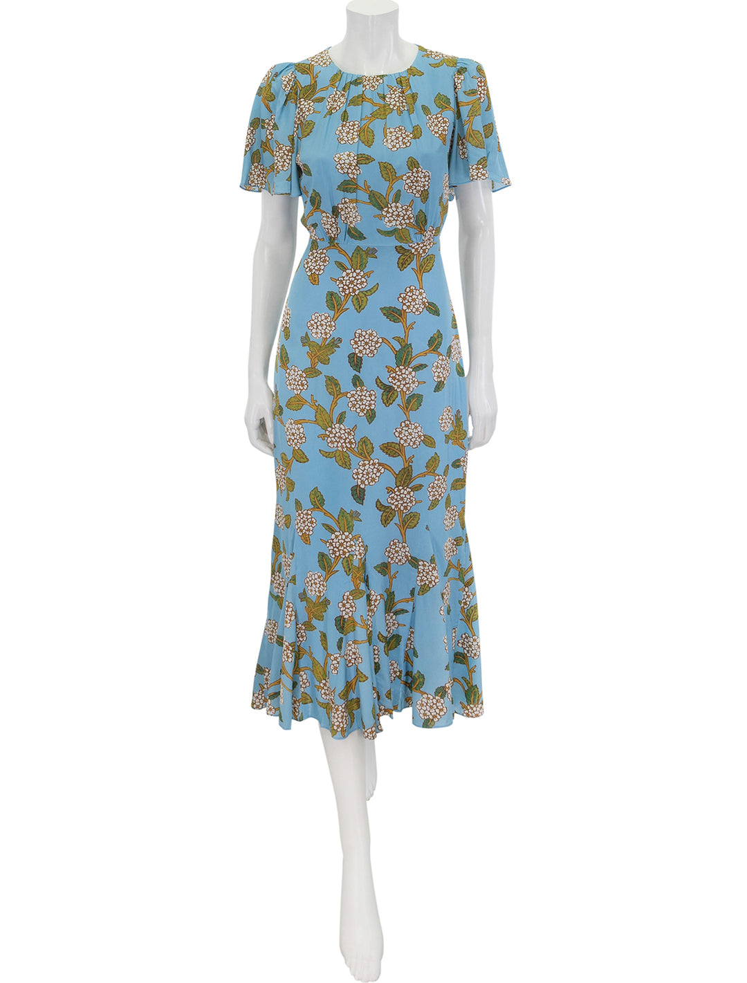 Front view of Rhode's arabella dress in hydrangea botanical.