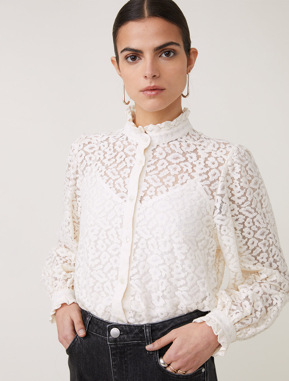 Model wearing Suncoo Paris' Lanna Blouse in Blanc Casse.