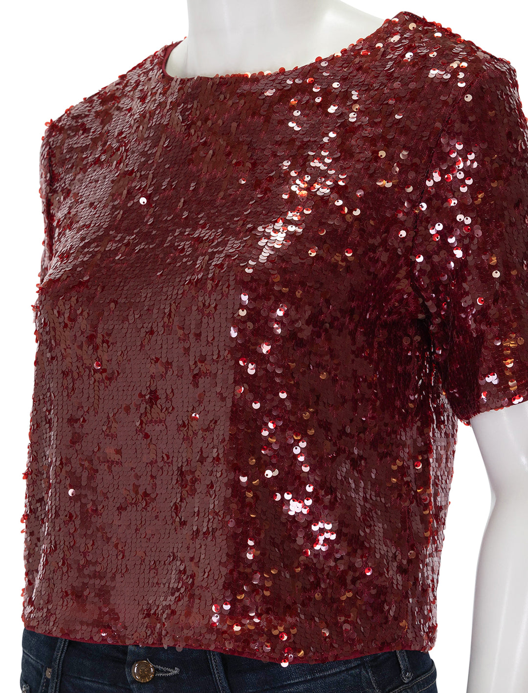 Close-up view of Suncoo Paris' Louise Sequin Top in Bordeaux.