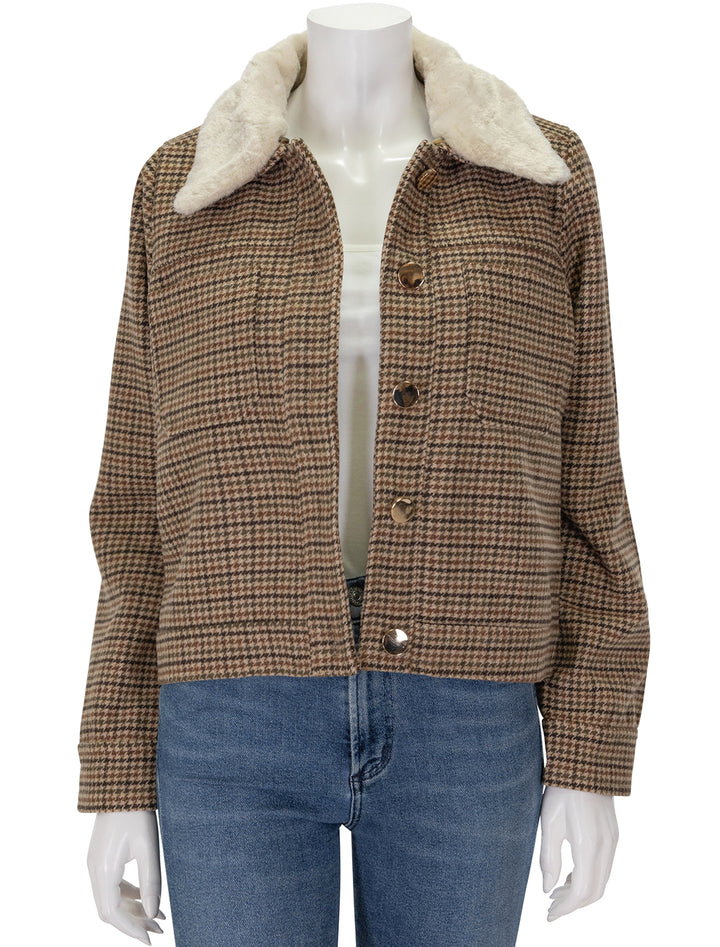 Front view of Suncoo Paris' Eden Cropped Houndstooth Jacket, unbuttoned.