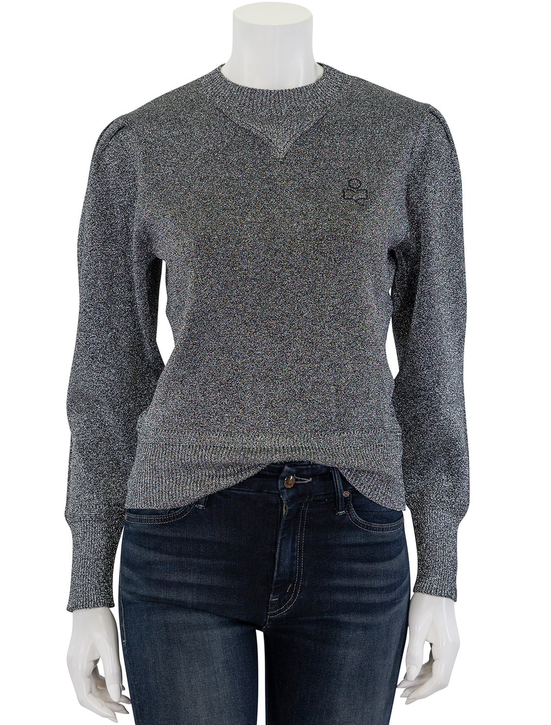 Front view of Isabel marant etoile' kelaya sweater in festive silver.