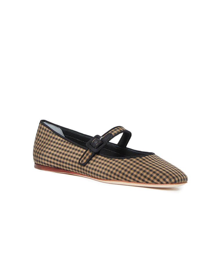 Front angle view of Loeffler Randall's ginger in brown and black check.